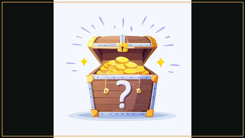 Golden mystery treasure chest overflowing with cash coins and bonus keys