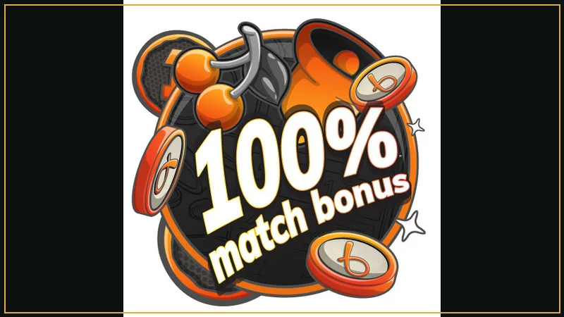 100 percent deposit match bonus badge with golden coins and ribbon